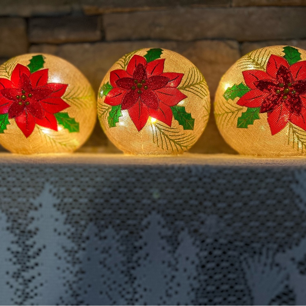3 Round Burlap Festive Poinsettia lighted Holiday Balls On/off/timer decor - Picture 3 of 8